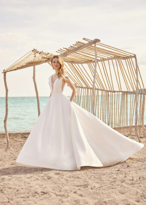 Cap Sleeves Ivory Satin V Back Charming Wedding Dress